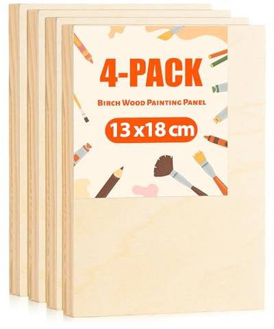 ROWOOD Lienzo de madera para pintar, paneles de lienzo de 13 x 18 cm, 4 piezas, lienzo de madera de abedul sin terminar, paneles de pintura de madera en blanco, tablero de manualidades para aceite,