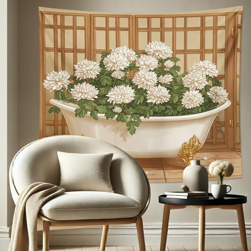 Arazzo bianco con crisantemo, floreale botanico da appendere alla parete, elegante decorazione estetica per soggiorno, camera da letto, casa accogliente 203 x 152 cm
