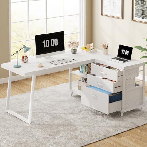 Tribesigns Escritorio para computadora en forma de L con 3 cajones, escritorio esquinero reversible para oficina en casa con estantes, escritorio industrial de 53 pulgadas, mesa de estudio, estación