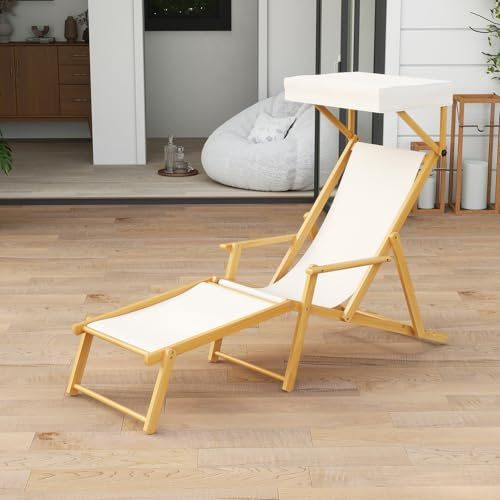 GIANTEX Chaise longue en bois de bouleau avec pare-soleil, 4 dossier réglable et repose-pieds, lit de soleil extérieur pour plage, terrasse et piscine, avec pièces de rechange, 170 x 62,5 x 122 cm,