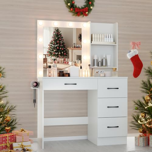 GIANTEX Schminktisch, Schminktisch mit 3 Beleuchtungsfarben, Ladestation, Haartrocknerständer, moderner Schminktisch für Schlafzimmer und Ankleidezimmer