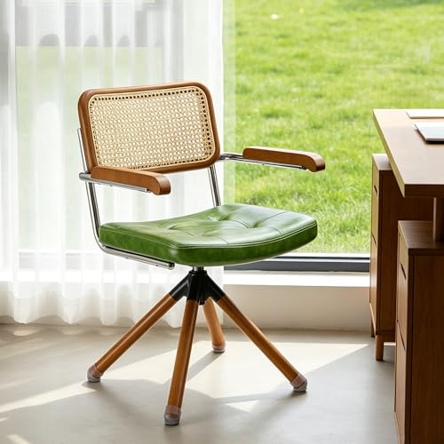 Zouron Rattan Bürostuhl Ohne Rollen - Mid Century Modern Drehstuhl ohne Rollen, Grün Kunstleder gepolsterter Esszimmerstuhl mit Buchenholzbeine, Schreibstuhl Akzentsessel für Home Office