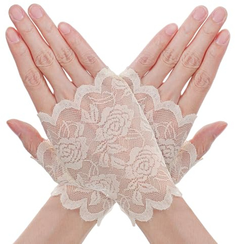 Quilax Lace Fingerless Gloves, Short Floral Lace Glove Women Tea Party, Fingerless Gloves for Women Bridal Prom Wedding Party Costume Accessories(Beige)