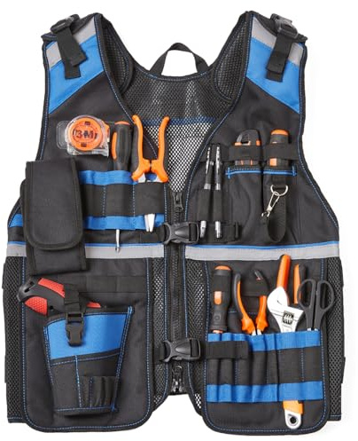 TURAND Electrician Tool Vest for Men, Reflective Safety Work Vest with Adjustable Thick Straps, Removable Phone Holder for Electrical, Carpenters, Construction, 22 Pockets.Blue