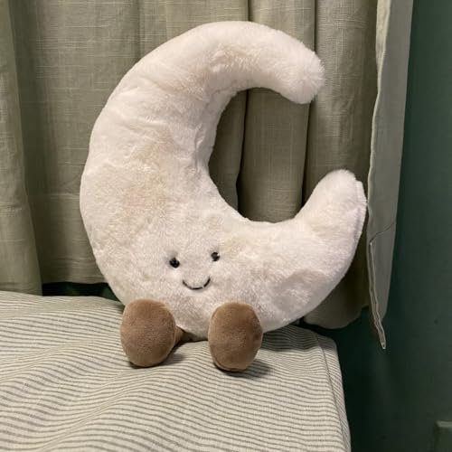 Yestree Lächeln Sonne Plüsch Dekokissen, Mond Kissen für Kinder zum Kuscheln Sofakissen 3D Plüschtier Geburstagsgeschenke Zierkissen (Mond 30cm)