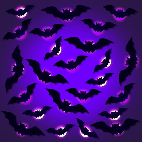 Halloween Decoration, 24 Pièces 3D Chauve Souris Halloween, 3D Chauve Souris LED Effrayants, Grande Horreur Stickers Muraux, Stickers Fenetre pour Mur, Porte, Fête Déco
