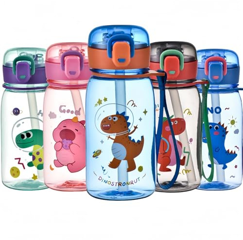 MHwan Trinkflasche Kinder, 400ml Robuste und Bruchsichere, Süßer Dinosaurier Trinkflasche Auslaufsicher mit Strohhalm, BPA-Frei, Tragbare Kinder Wasserflasche Geeignet für Schule Reisen