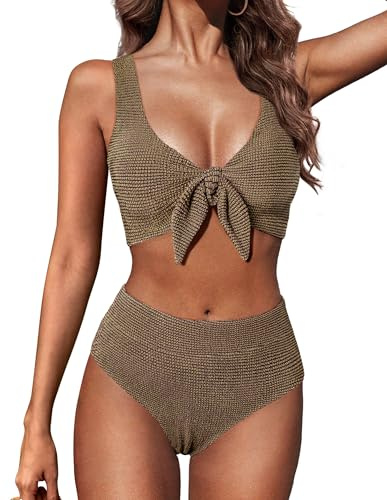 Textured Bikinis Sets for Women High Waisted Tummy Control Push Up Swimsuit Retro Modest Bathing Suit Top Cute Swimwear