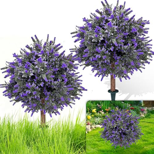 Set of 2 Artificial Lavender Boxwood Topiary Ball Bush for Outdoor with Ground Spike 24.5, UV Resistant Faux Greenery Shrubs, Fake Boxwood Plants for Indoor, Garden, Yard, Porch, Patio Decor
