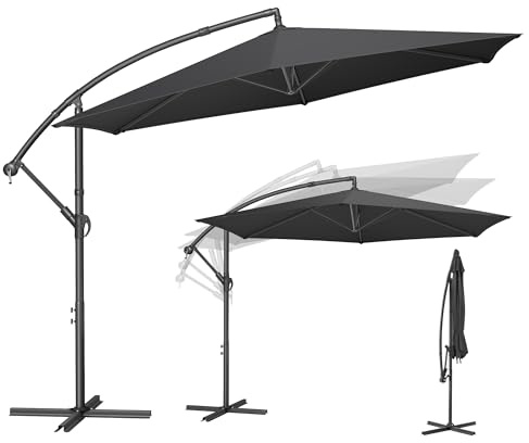 SONGMICS Parasol Déporté de 350 cm de Diamètre, Socle en Croix, Ombrelle, Protection UPF 50+, Manivelle d'Ouverture et de Fermeture, Jardin, Terrasse, Piscine, Plage, Gris GPU117GZ01