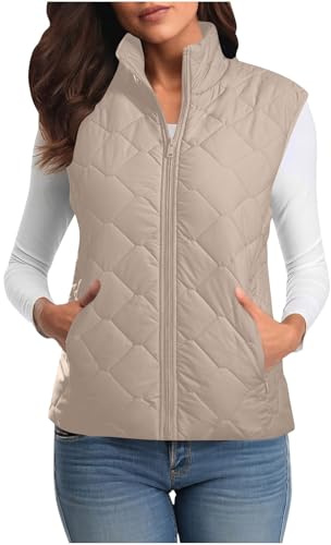 Flodxo Women's Gilets Lightweight Sleeveless Puffer Jackets-Winter Warm Padded Coats,Full Zip Body Warmer,Stand Collar Quilted Waistcoat,Down Thermal Vest,Beige,L