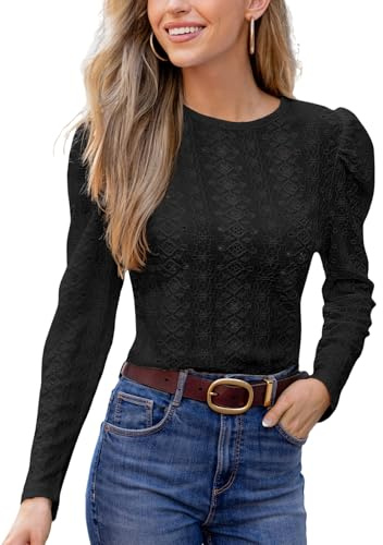 CUPSHE Maglia donna manica sbuffo pizzo elegante con occhielli ricamati slim fit girocollo, Nero , S