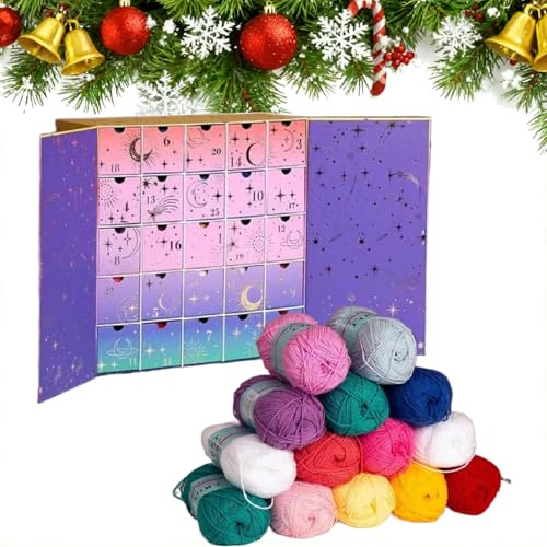 Crochet Society - Calendario de Adviento 2025, caja de cuenta regresiva de hilo y patrón de 25 días con tutoriales y regalos de ganchillo, calendario de Adviento de hilo de lana 2025, calendarios de