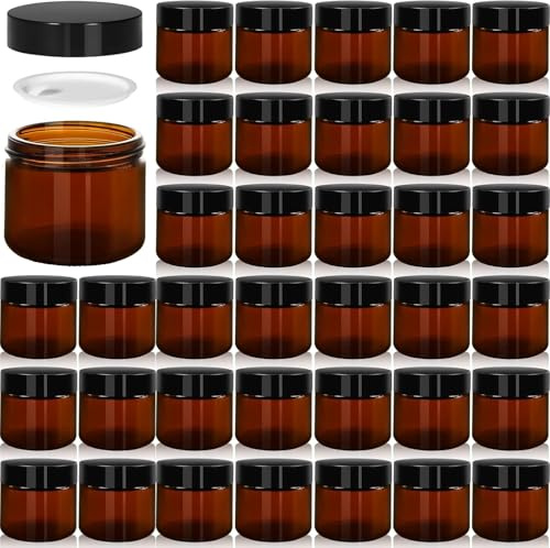 Lot de 48 pots en verre ambré de 60 ml avec couvercle, petits pots cosmétiques, récipients vides pour crème cosmétique, boîtes à baumes en verre ambré comme récipients de voyage pour lotions et huiles