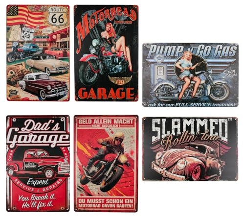 Rongxze Set di 6 targhe in metallo vintage (20 x 30 cm) – Decorazione da parete retrò per garage, officina, bar | Classica arte da parete automobilistica