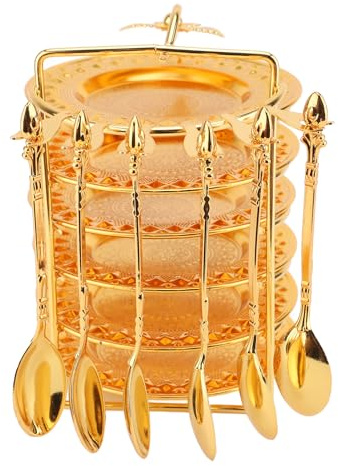 Yctze Ensemble de Couverts Européens - Ensemble de Cuillères et Assiettes avec Support de Rangement, 6 Plateaux et 6 Cuillères, Ustensiles en Métal pour Steaks, Fruits, Collations, Gâteaux - (Type 1)