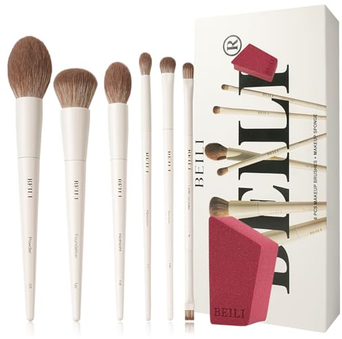 BEILI 6 st sminkborstar, premium vegan sminkborste, inklusive foundationborste, concealerborste, ögonskuggsborste, puderborste, överstrykningspensel och blandborste för kvinnor