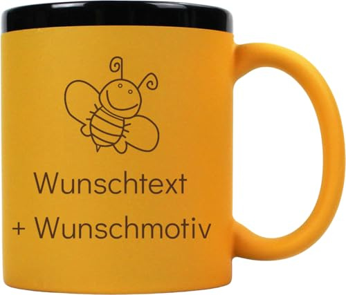 Geschenkissimo Keramiktasse personalisiert mit Name, Spruch und Motiv, gelbe Tasse 300 ml, Alltag, besondere Anlässe, Geschenkidee