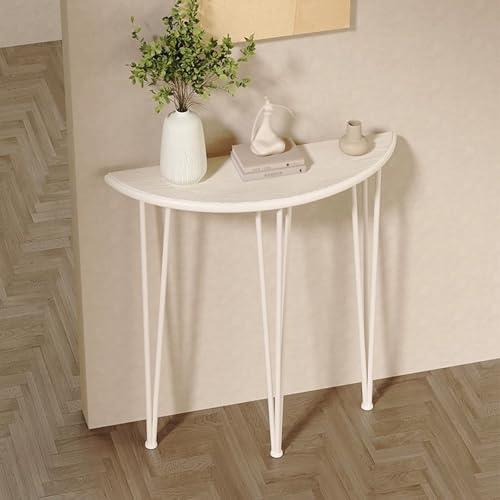 Pllrbvshs Tavolo consolle a mezzaluna in legno massello, tavolo stretto per ingresso con struttura metallica, tavolo salvaspazio per divano, arredamento per soggiorno, atrio.(White,23.6x9.8x35.4in)