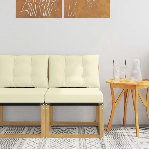 MinoLiving Outdoor Mittelsofa Massivholz Akazie Weiß mit Polsterkissen, wetterfestes Garten Sofa Element für Terrasse Balkon, Flexibles Lounge Modul mit Rückenlehne, wasserabweisend