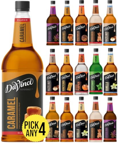 DaVinci Gourmet 1L (1000ML) Syrup for Coffee & Drinks. Pick Any 4 Bottles from 14+ Flavours Inc. Caramel, Vanilla, Hazelnut, Honeycomb, Spiced Chai, Gingerbread, Cinnamon, English Toffeenut and More.