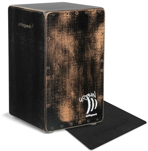 Schlagwerk CP5230 Cajon Urban OS Grunge Black - ausprägter Bass - voll verschraubt, Gabun Schlagfläche mit stylischem Used Look, Made in Germany - stimmbare Snare-Saiten - inklusive Sitzkissen