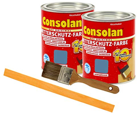 Consolan Wetterschutzfarbe deckend / 2x 0,75L / Holzschutzfarbe Holzfarbe bis zu 10 Jahre wetterbeständig für Holz und Zink Außen inkl. Pinsel & Rührstab (taubenblau 218)