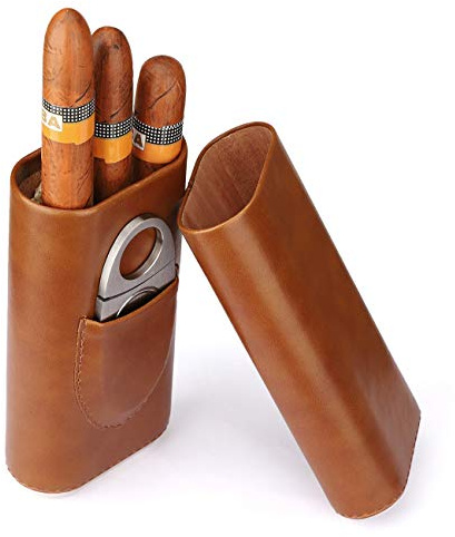 TW-Rmbo Boîte à cigares en Cuir Brun de qualité supérieure pouvant contenir 3 cigares, avec humidificateur, étui à cigares avec Coupe-Cigare en Acier Inoxydable, et boîte de Transport de cigares