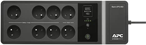 APC Back-UPS Essential BE850G2-FR - Inversor de pararrayos con batería de Respaldo de 850VA (8 enchufes, Protector contra sobretensiones, 2 Puertos de Carga USB rápidos Tipo A y Tipo-C)