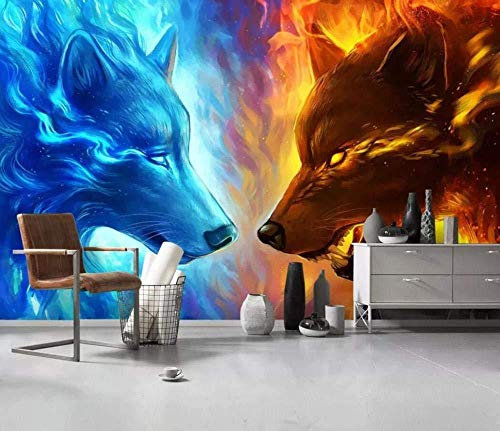 Character Ice Wolf Hand Painted Fire Wolf 3D Wallpaper Effect Giant Wall Pictures Mural Decoration Wallpaper Living Room for Bedroom Rose Blue Mural-300cm×210cm