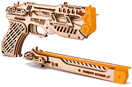 Wood Trick Cyber Gun 3D Wooden Puzzles for Adults - Rubber Band Gun Pistol - Shoots up to 20 feet - Wood Model Kit for Adults