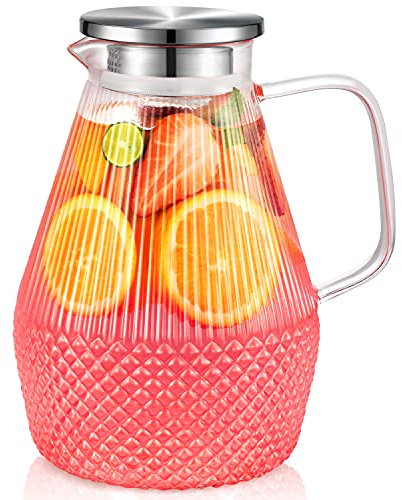 Jarra, Jarra Agua Cristal, veecom 2,4 Litros Jarra Agua, Jarra Cristal con Tapa, Jarra Agua Nevera, Jarra de Agua con Cepillo, Jarra de Vidrio para Té Helado, Leche, Jugo