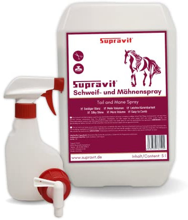 Supravit Schweif und Mähnenspray für Pferde | 5 Liter Kanister | seidiger Glanz | mehr Volumen | leichte Kämmbarkeit | Mähnen und Schweifspray Inkl. Sprühflasche und Ablaufhahn