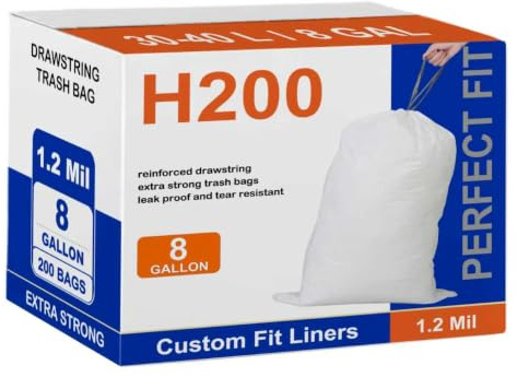 Code H 200 Count 8 Gallon Heavy Duty 1.2 Mil THICK with Reinforced Drawstring Plastic Trash Bags Compatible with simpIehuman Code H | White Garbage Can Liners 8 Gallon/30-40 Liter GRAND SAVE!