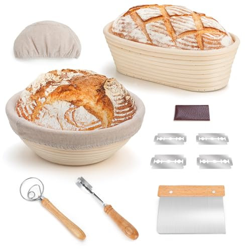 PITCH PULSE Gärkorb Set, Brot Gärkörbchen aus Peddigrohr zum Brot backen, Brotkörbchen, Brotform(23cm rund & 25cm oval)
