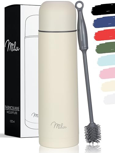 Milu Thermosflasche Thermoskanne Isolierflasche 1L, 750ml, 500ml - Isolierte Edelstahl Trinkflasche, 100% Auslaufsicher, Doppelwandisolierung (Buttercream, 750ml)