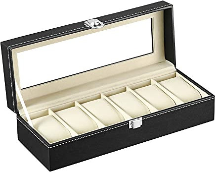 DRAIGERWAY Scatola per orologi da uomo, per 6 orologi, con finestra in vetro, in pelle PU e velluto, per orologi e gioielli (nero-04B-DGW)