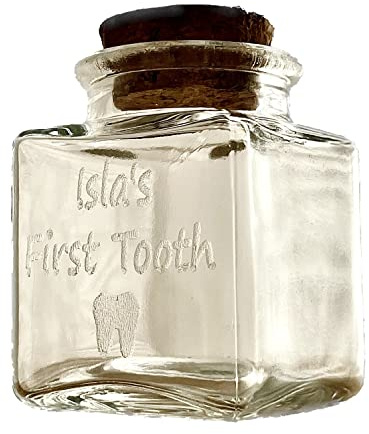 Personalised First Tooth Engraved Clear Square Glass Jar With Cork Lid. First tooth curl haircut. Honeymoon Wedding Sand umbilical cord. Engrave any text.