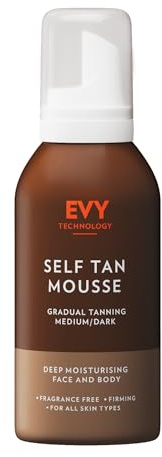 EVY Selbstbräuner Mousse für Gesicht und Körper - mittlere/dunkle langanhaltende natürliche Bräune - feuchtigkeitsspendend, parfümfrei, vegan