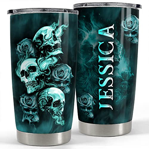 Mug Isotherme 590ml Gobelet De Voyage Avec Paille Et Couvercle Gobelet De Café Pour Ami Collègue Noël Gobelet De Crâne Personnalisé Roses Skulls Art