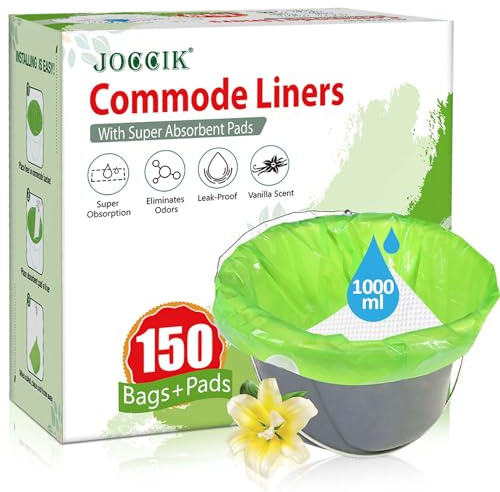 Bedside Commode Liners, 150 Bags + 150 Pads for Bedside Toilet Chair Bucket, Super Absorbent, Unscented, Leak-Proof, Universal Size