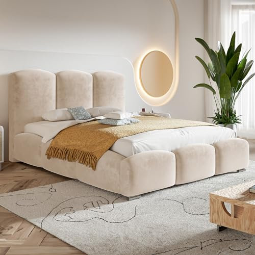 MOTIVENA Hilton Bubble Bett 180x200 Beige Samt, mit Stauraum, mit Kopfteil, mit Lattenrost, mit Füßen, ohne Matratze, Bubble Polsterbett 180x200 mit Bettkasten Beige (Creme)