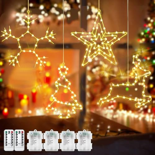 Fensterdeko Weihnachten Beleuchtet, 4 Stück LED Weihnachtsbeleuchtung Fenster,Weihnachten Fenster lichterkette,8 Modi hängende Weihnachtsbeleuchtung mit Fernbedienung & Timer für Innen Außen Xmas Deko