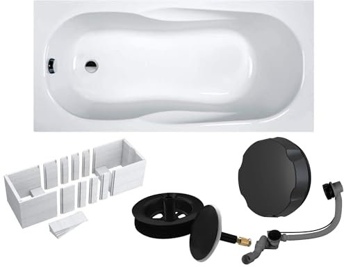VBChome Acrylbadewanne 150 x 70 cm Weiß mit Styroporträger und Schwarz Siphon - Modern, langlebig und wärmeisolierend, perfekt für das Badezimmer