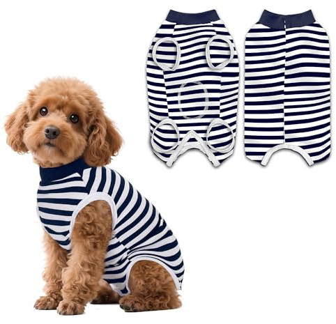 PawSailor Combinaison de récupération Chien Femelle Mâle Bleu Marine M | Rayé Combinaison Médicale Chien Coton Doux Gilet Récupération Chirurgicale Chiot, Vêtement Opératoire, Protection des Plaies