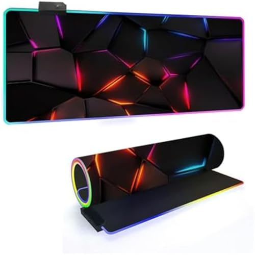 RGB Gaming Mouse Pad Mat - 14 Lighting Modes - XXL Large PC Keyboard Desk Mat With 3D Geometric Pattern - Extended LED Mousepad for Gaming & Work - Gamer Accessories (Geometric 1,600x300mm)