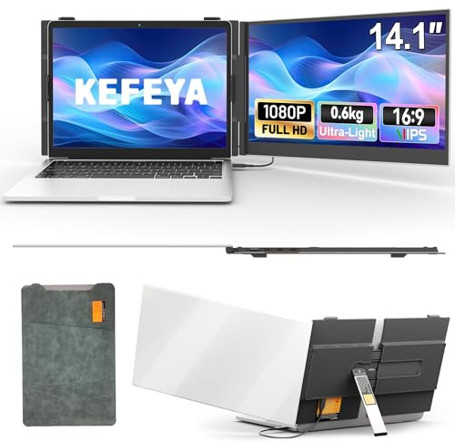 KEFEYA Skärmförlängare för bärbar dator, 14,1 tum 0,6 kg, ultratunn bärbar bildskärm, ny inbyggd roterande stativ, FHD-reseskärm 13-17,3 tum, Plug & Play, Mac/Win/Dex/Huawei