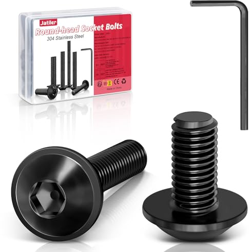 JatilEr Lot de 20 vis à tête bombée M6 × 20, à tête bombée à six pans creux avec bride, en acier inoxydable 304, noir A2 V2A, filetage complet, avec clé Allen