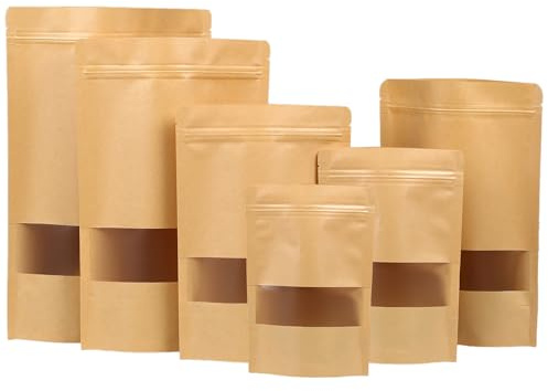 MOMAHUA 100P Bolsas de Kraft con Ventana y Cierre Hermético,14 * 20+4cm Bolsas de Papel Resellables para Café, Frutos Secos, Snacks y Té - 6 Tamaños,Base Ancha y Superficie para Escribir