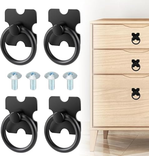 ZyFurn 4 Stück Ringgriffe Schwarz Rund Ring Griffe Ring-Schubladengriffe Antik Schublade Ziehen Ring Griffe Schubladengriffe und Ringgriff Möbelgriffe Ringzug mit Schrauben für Schrank, Kommode